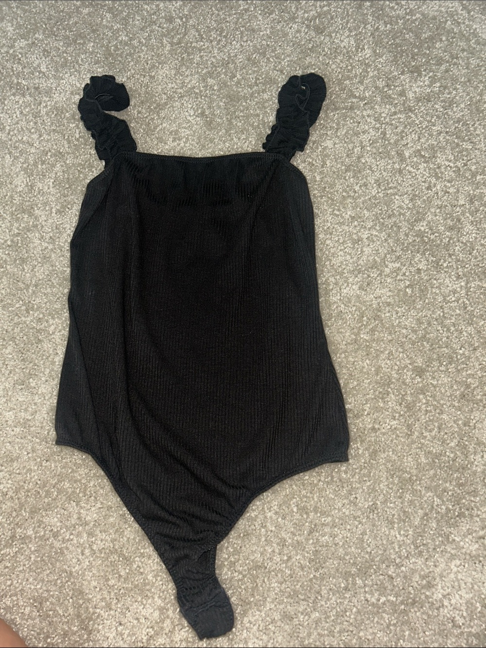 Women's Black Ruffle-Strap Ribbed Bodysuit